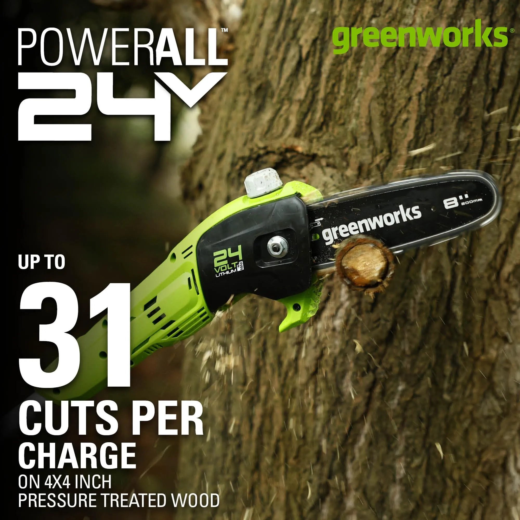 24V 12" Cordless Battery Chainsaw & 8" Pole Saw w/ 4.0Ah USB Battery & Charger
