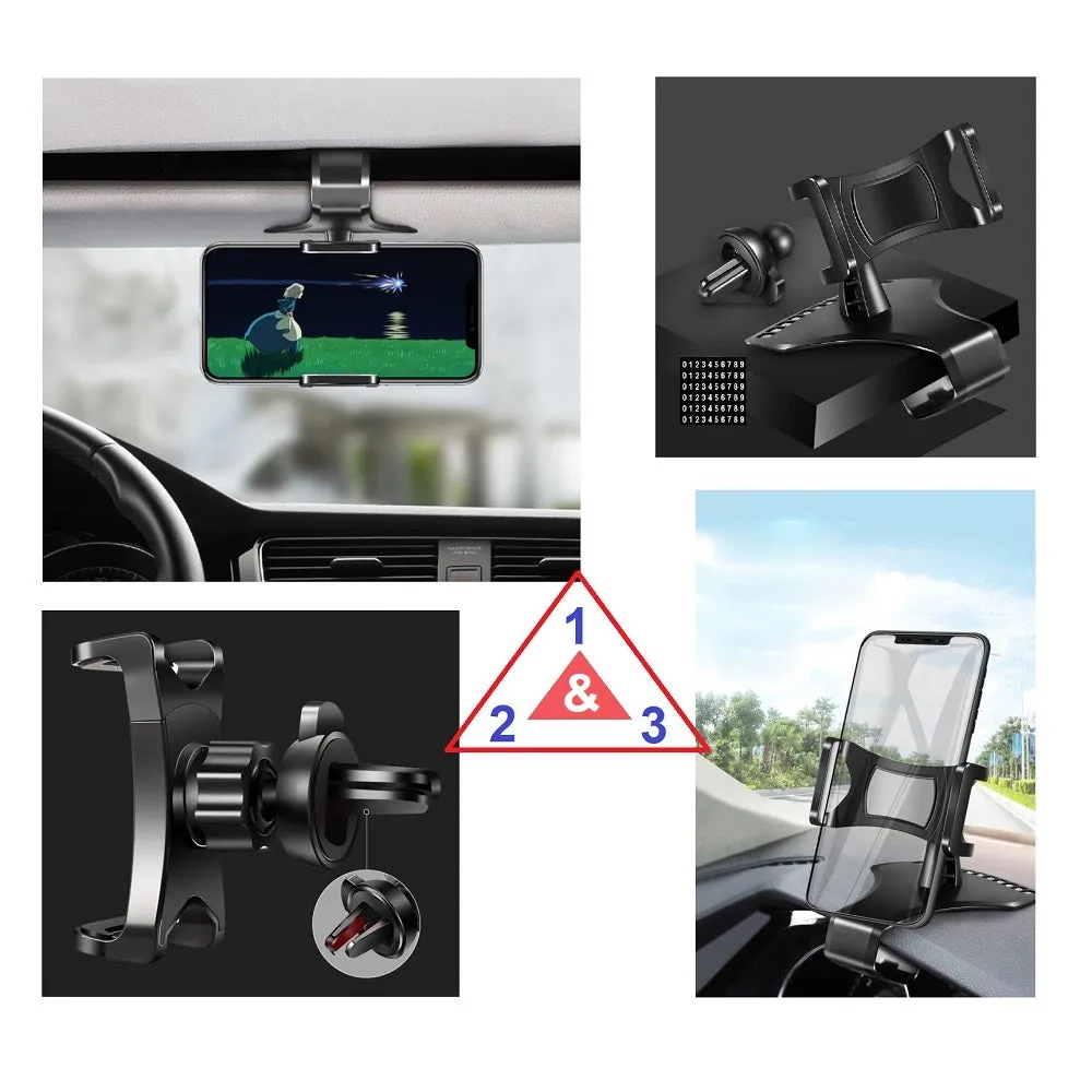 3 in 1 Car GPS Smartphone Holder: Dashboard / Visor Clamp   AC Grid Clip for MAXCOM COMFORT MM826 3G (2020) - Black
