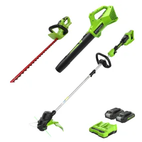 48V (2x24V) 15" Cordless Battery String Trimmer, 24V 320 CFM Blower & 24V 22" Hedge Trimmer w/ (2) 2.0Ah USB Batteries & Charger