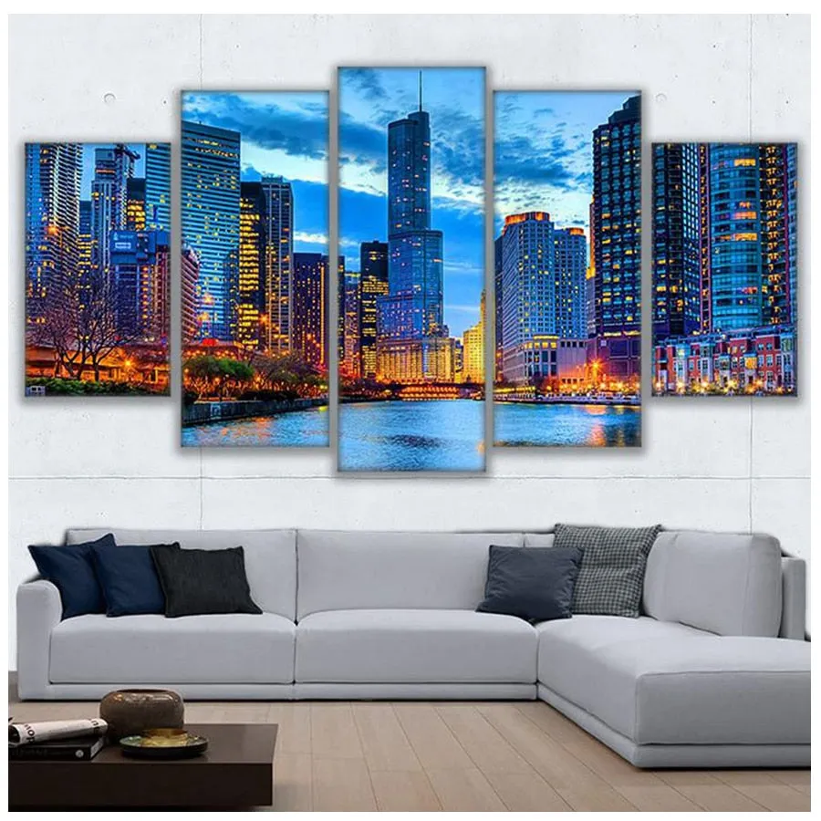 5 Panel Scenic Diamond Painting | Chicago Rhinestone Embroidery | Full Square Drill Cross Stitch | Cityscape