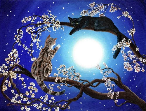 5D Cat & Moon Diamond Painting, Cross Stitch Full Round Diamond Embroidery -9 Styles