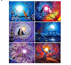 5D Cat & Moon Diamond Painting, Cross Stitch Full Round Diamond Embroidery -9 Styles