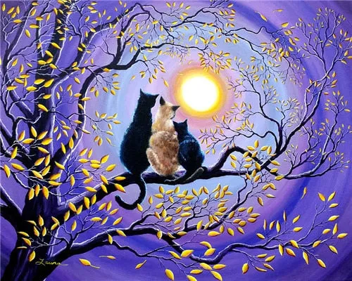 5D Cat & Moon Diamond Painting, Cross Stitch Full Round Diamond Embroidery -9 Styles