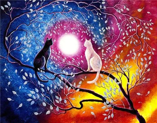 5D Cat & Moon Diamond Painting, Cross Stitch Full Round Diamond Embroidery -9 Styles