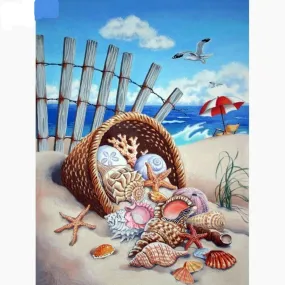 5D DIY Seashell Basket Diamond Painting | Beach Scenery Full Square Drill Diamond | Seagull Ocean Shell Mosaic