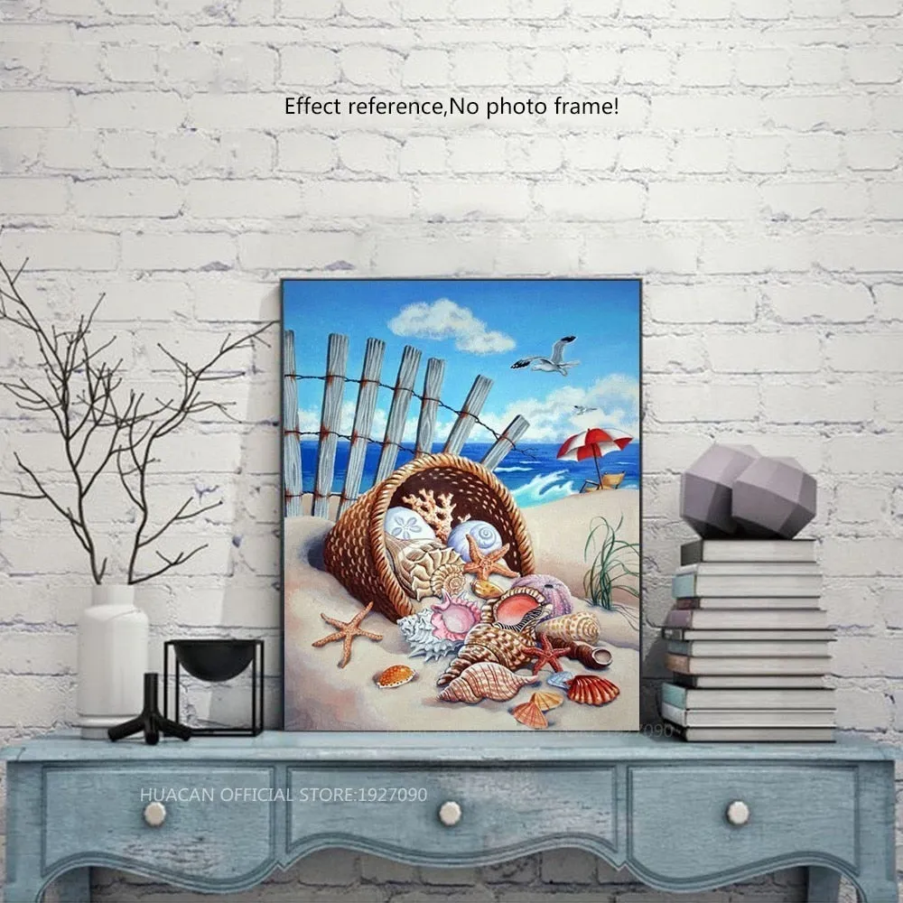 5D DIY Seashell Basket Diamond Painting | Beach Scenery Full Square Drill Diamond | Seagull Ocean Shell Mosaic