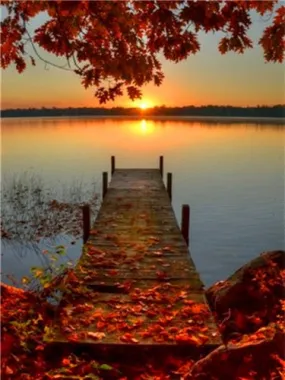 Autumn Lake Scenery | Full Round Drill 5D Rhinestones | DIY Scenic Diamond Painting Kit | Horizon Sun