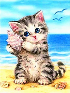 Beach Kitten With Seashell | DIY Animal Diamond Painting Kit | Full Round/Square Drill Rhinestone Embroidery | Playful Kitten Mosaic