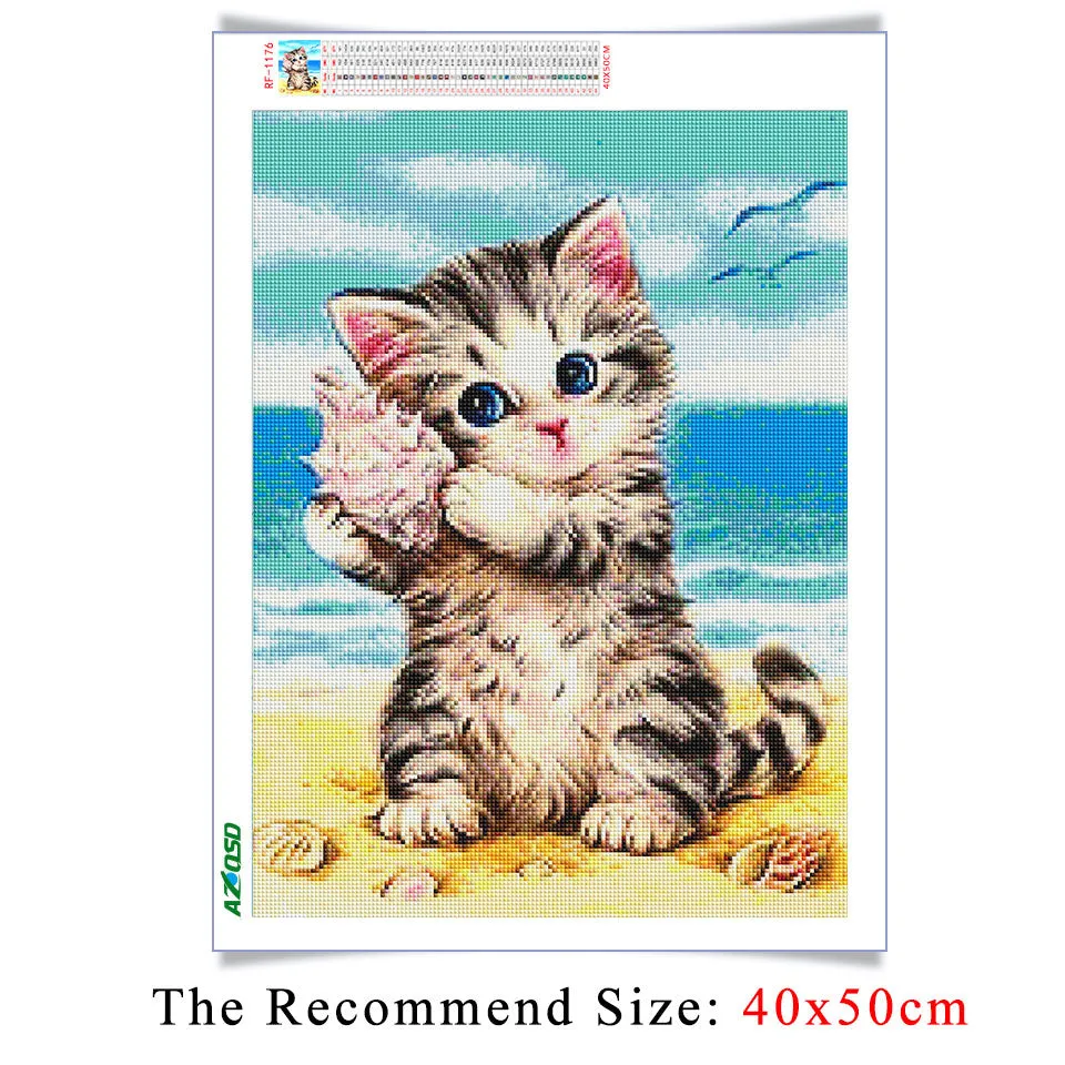 Beach Kitten With Seashell | DIY Animal Diamond Painting Kit | Full Round/Square Drill Rhinestone Embroidery | Playful Kitten Mosaic