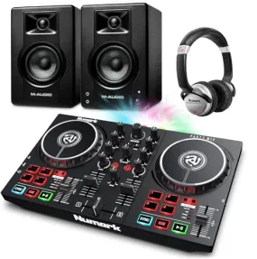 Beginner DJ Set - Numark DJ Controller and DJ Headphones plus M-Audio DJ Monitor Speakers with Serato DJ Lite and Party Lights