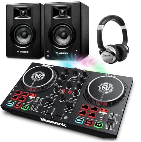 Beginner DJ Set - Numark DJ Controller and DJ Headphones plus M-Audio DJ Monitor Speakers with Serato DJ Lite and Party Lights