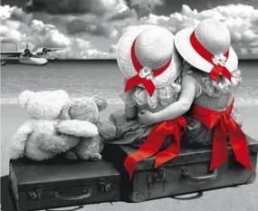 Black, White, Red "Two Children Set Sail" 5D Diamond Painting Kit
