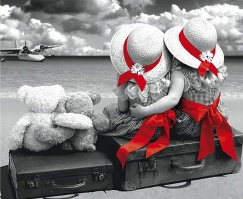 Black, White, Red "Two Children Set Sail" 5D Diamond Painting Kit