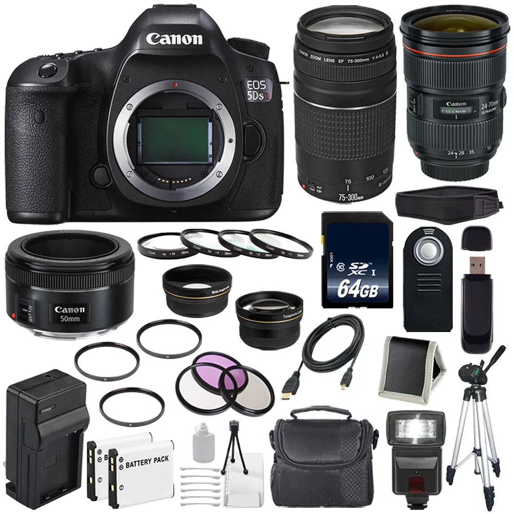 Canon EOS 5DS R DSLR Camera (International Model) 0582C002   Canon EF 24-70mm f/2.8L II USM Lens   Canon EF 75-300 III Deluxe Bundle