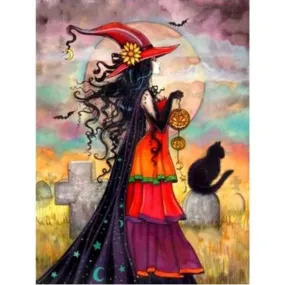 Cartoon Witch Rhinestone Kit | Halloween Diamond Painting | Round/Square Embroidery | Cemetery Tombstones Black Cat Full Moon