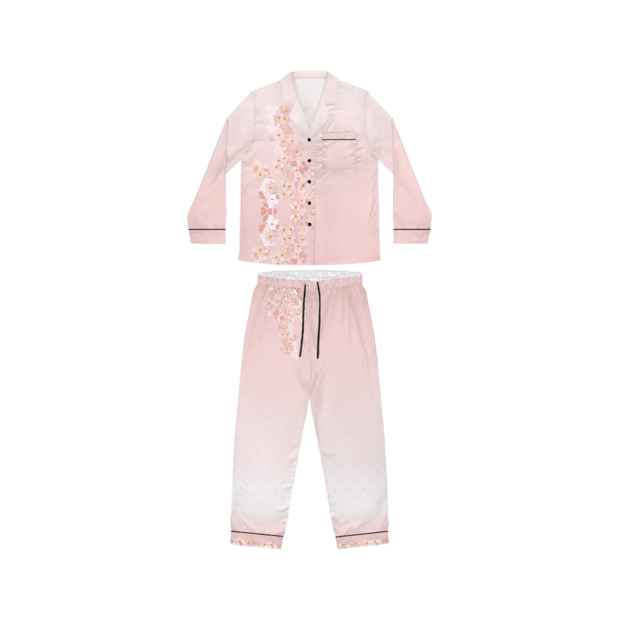 Chic Cherry Blossom Design - Elegant Women's Satin Pajamas Set - Luxurious Sleepwear for Comfort and Style
