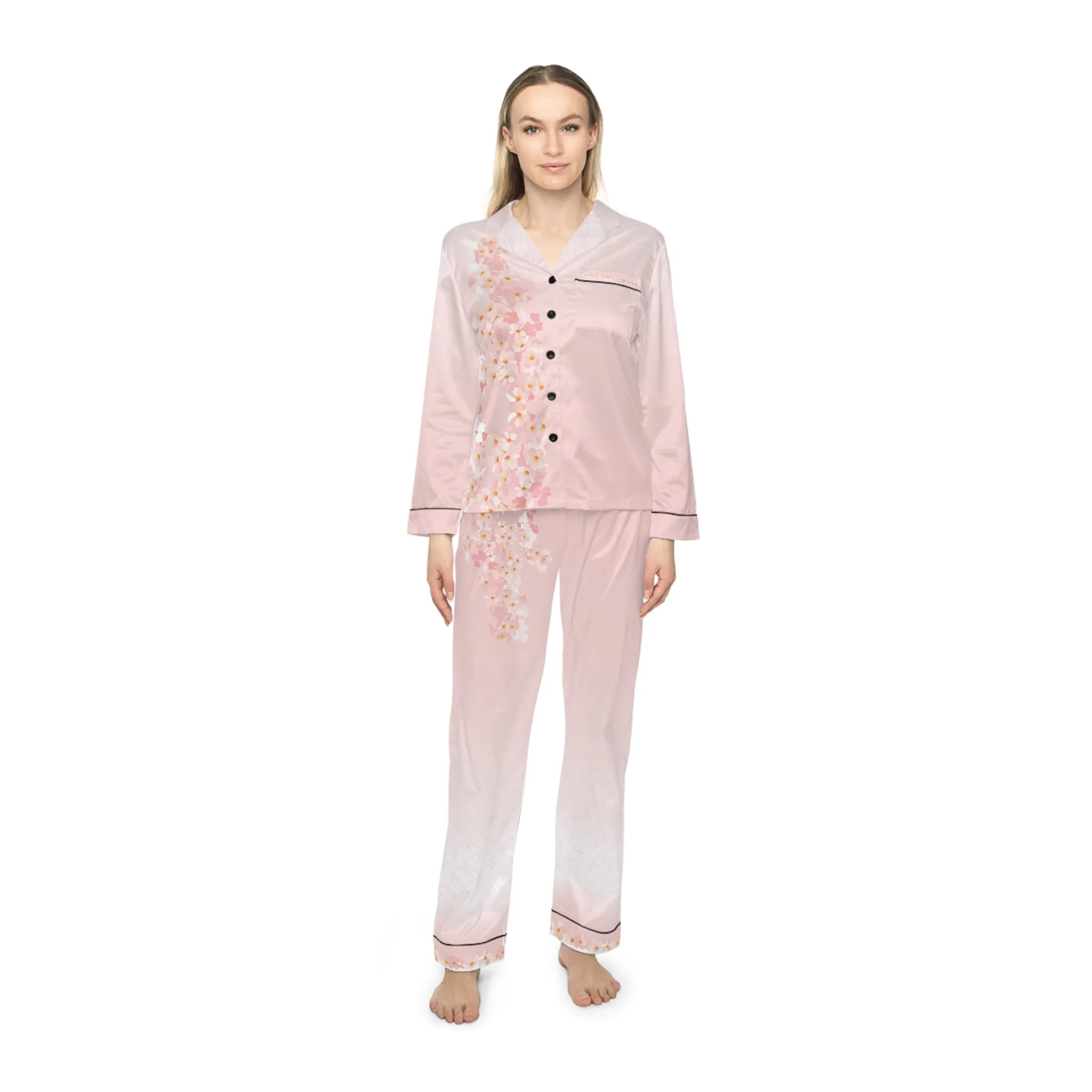Chic Cherry Blossom Design - Elegant Women's Satin Pajamas Set - Luxurious Sleepwear for Comfort and Style
