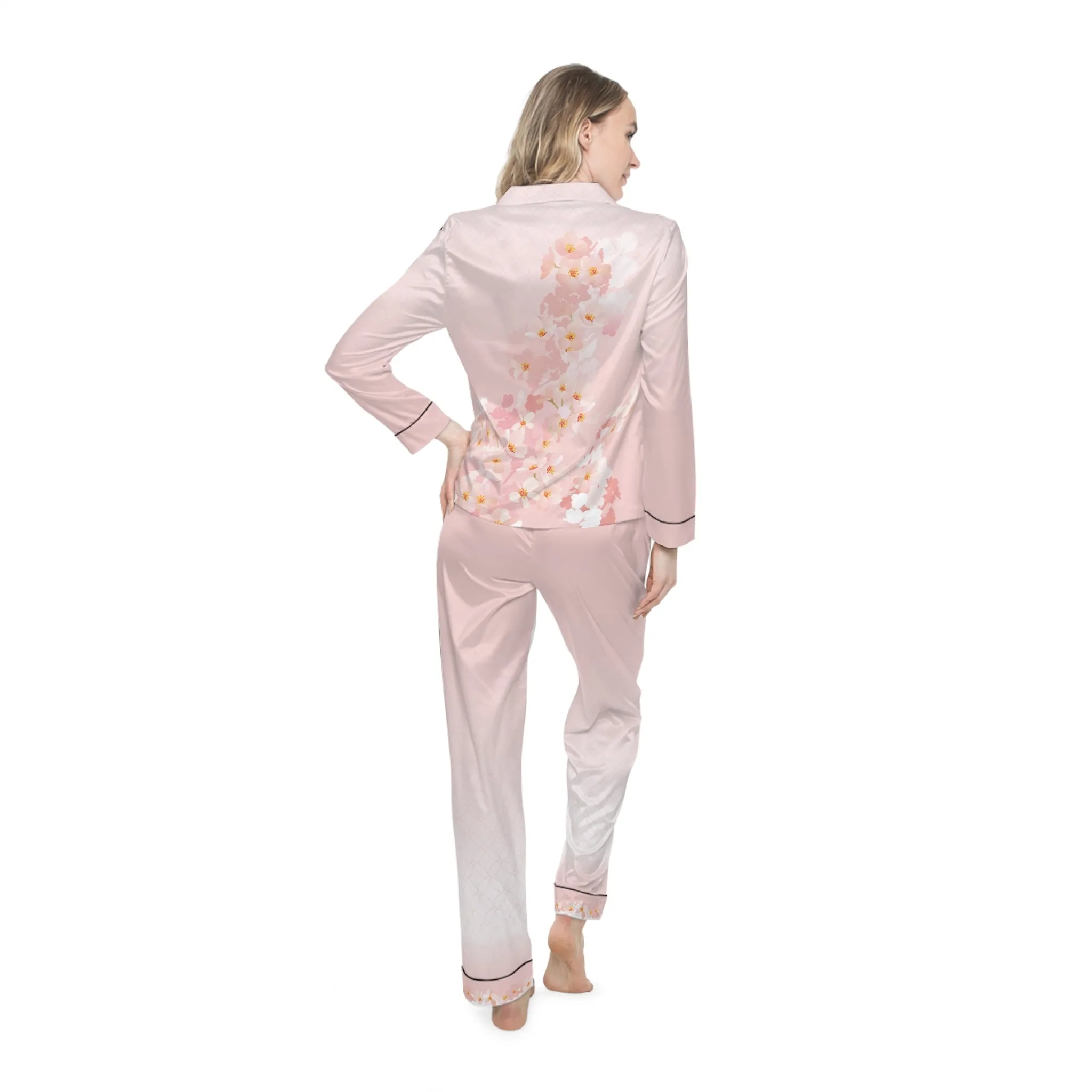Chic Cherry Blossom Design - Elegant Women's Satin Pajamas Set - Luxurious Sleepwear for Comfort and Style