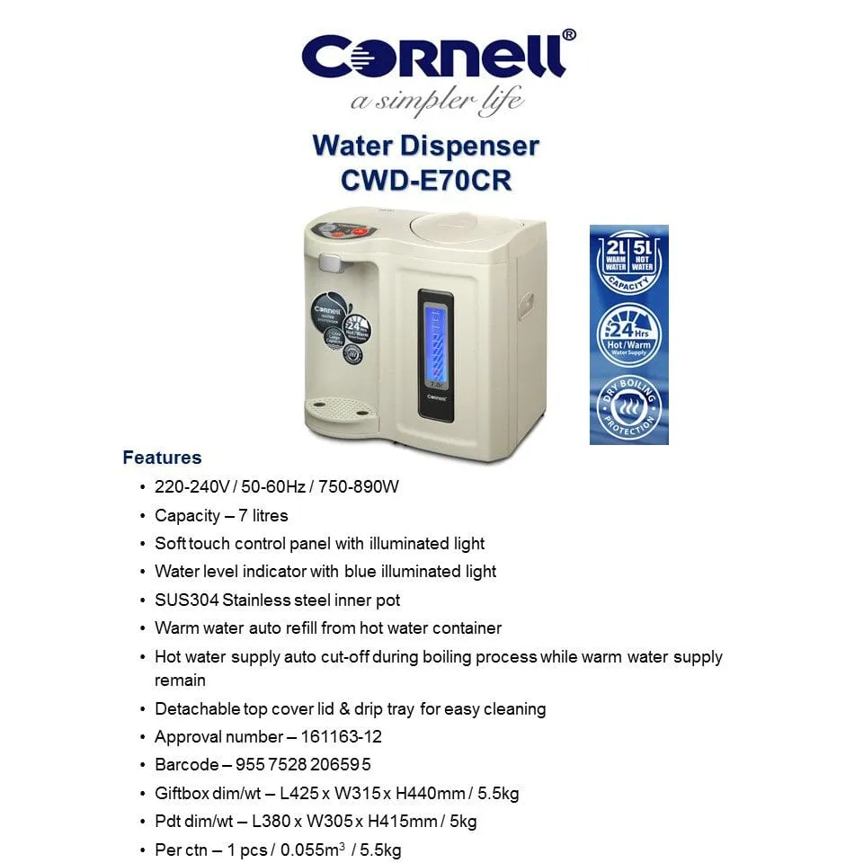 Cornell Hot & Warm Water Dispenser 7L CWDE70CR