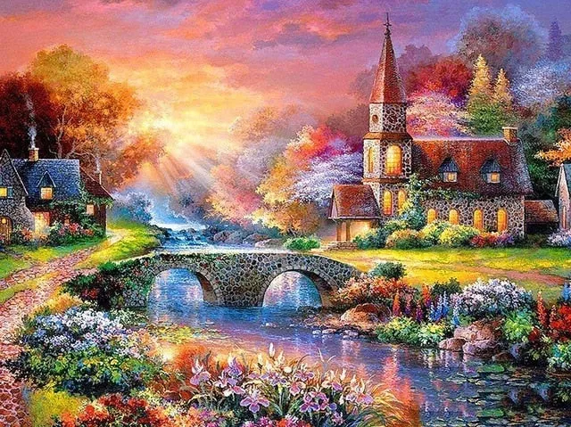 Country Church Diamond Painting Kit | Full Square/Round Drill Rhinestone Diamond Art