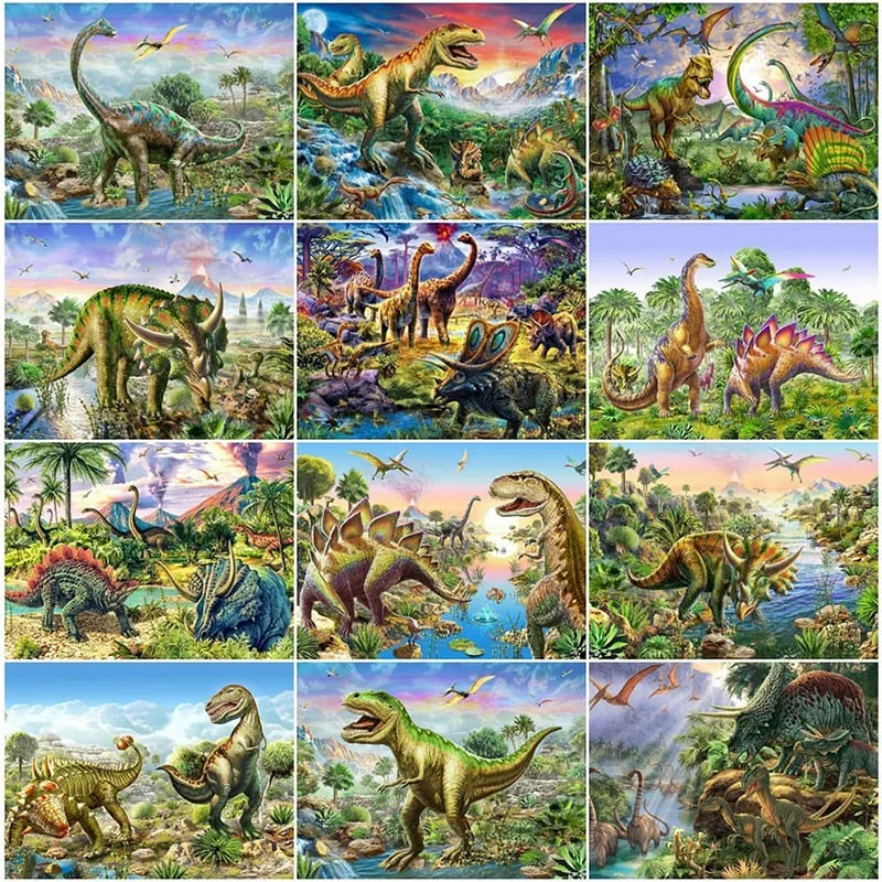 Dinosaur Montage Tyrannosaurus Rex Stegosaurus Pterodactyl | Dinosaur Diamond Painting Kit | DIY Diamond Kit | Rhinestone Embroidery