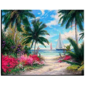 DIY Diamond Painting | Tropical Rhinestone Cross Stitch | Full Round/Square Drill 5D | Beach Sailboat Ship