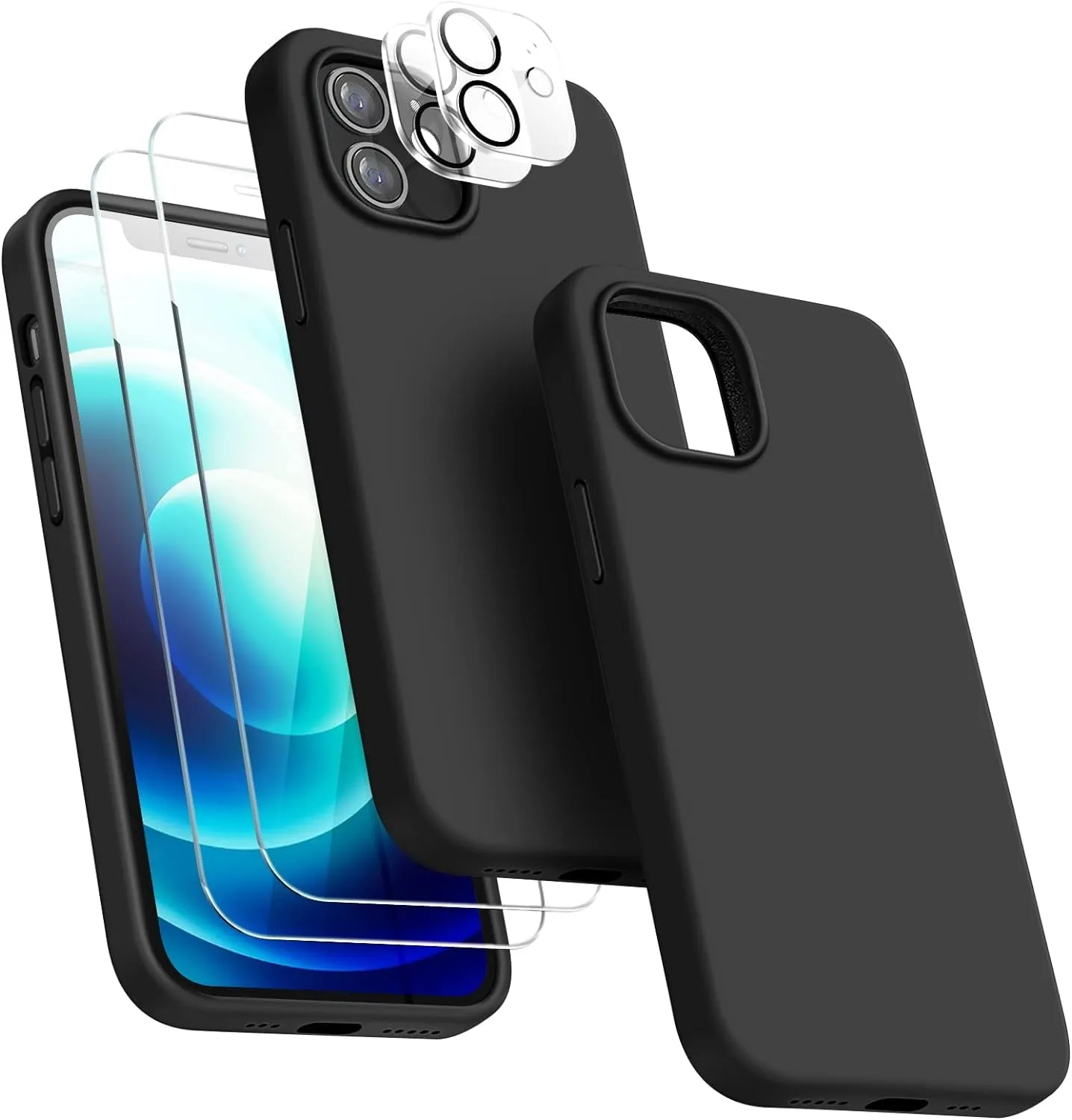 Entronix Apple iPhone 12 Mini 5-in-1 Bundle - Liquid Silicone Case, 2 Clear Screen Protectors & 2 Camera Lens Protectors,