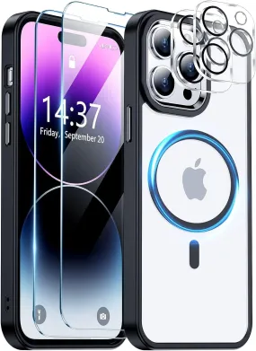 Entronix Case 5 in 1 Bundle Case for Apple iPhone 14 Pro Max Clear Magnetic with 2 Tempered and Camera Lens, Shockproof Transparent Crystal Cover