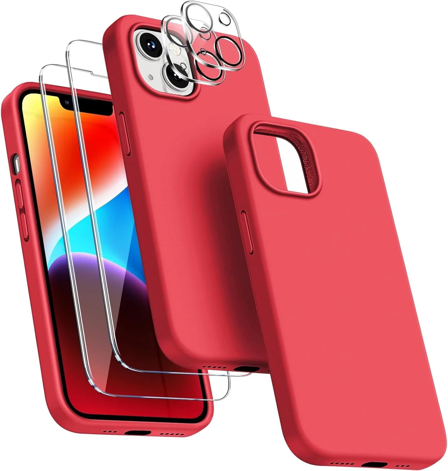 Entronix Case Silicone Case Designed for Apple iPhone 14 Liquid Silicone Case, 5 in 1 Bundle Case with 2 Clear Tempered Glass and 2 Camera Lens