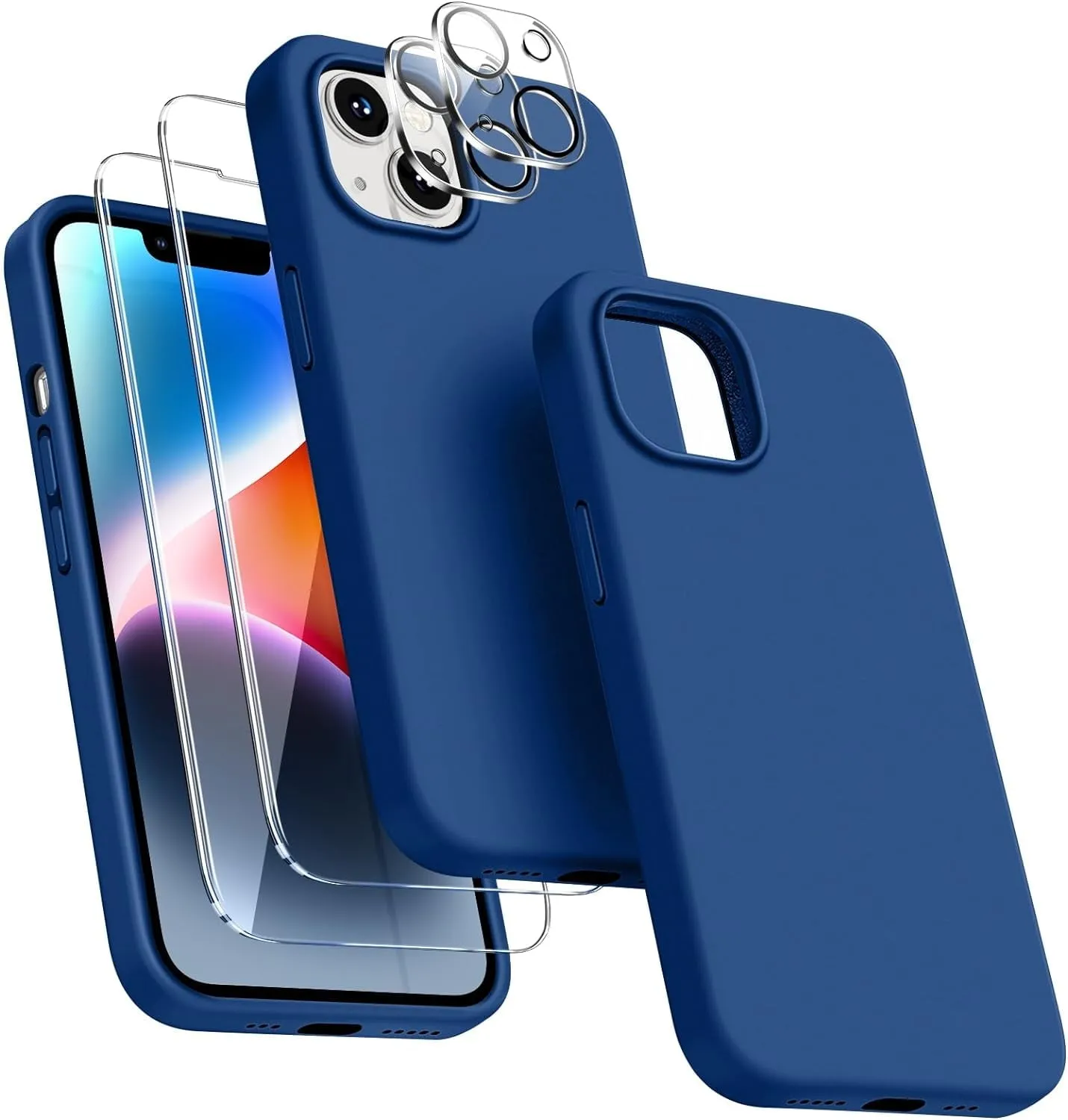 Entronix Case Silicone Case Designed for Apple iPhone 14 Liquid Silicone Case, 5 in 1 Bundle Case with 2 Clear Tempered Glass and 2 Camera Lens