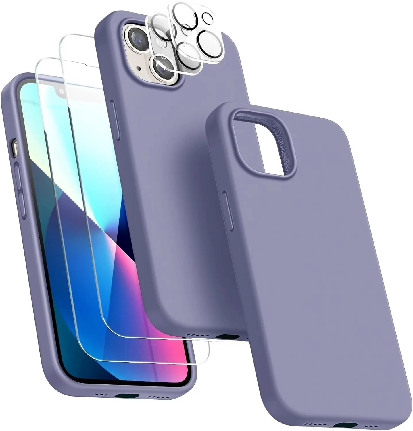 Entronix Case Silicone Case Designed for Apple iPhone 14 Liquid Silicone Case, 5 in 1 Bundle Case with 2 Clear Tempered Glass and 2 Camera Lens
