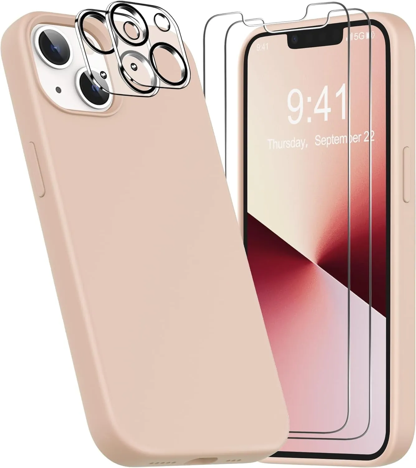 Entronix Case Silicone Case Designed for Apple iPhone 14 Liquid Silicone Case, 5 in 1 Bundle Case with 2 Clear Tempered Glass and 2 Camera Lens