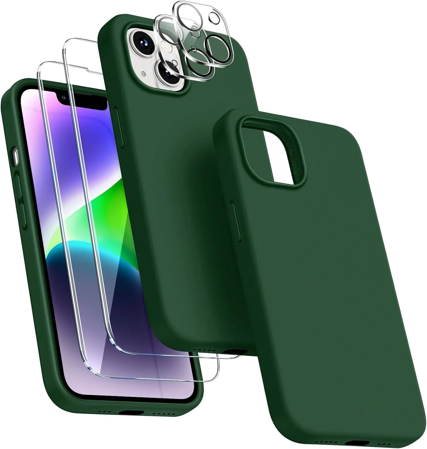 Entronix Case Silicone Case Designed for Apple iPhone 14 Liquid Silicone Case, 5 in 1 Bundle Case with 2 Clear Tempered Glass and 2 Camera Lens