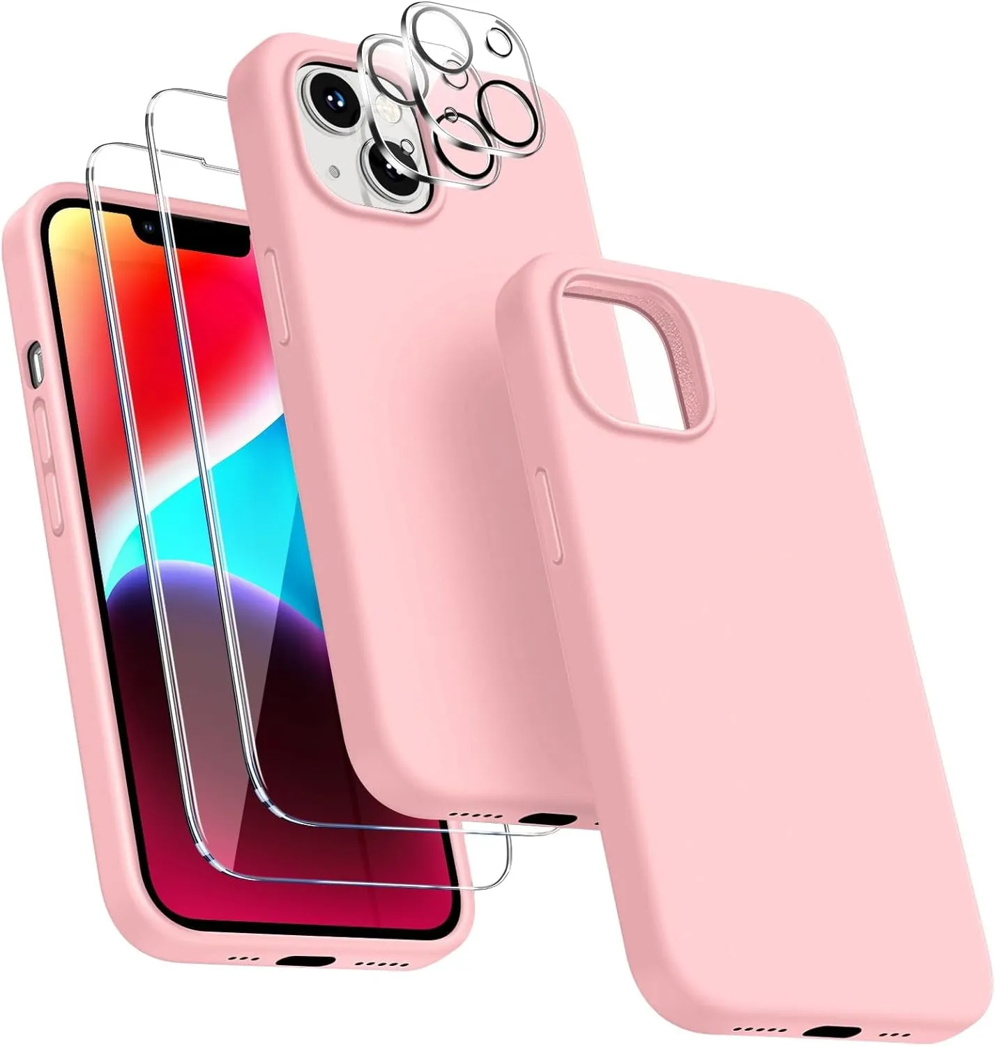 Entronix Case Silicone Case Designed for Apple iPhone 14 Liquid Silicone Case, 5 in 1 Bundle Case with 2 Clear Tempered Glass and 2 Camera Lens