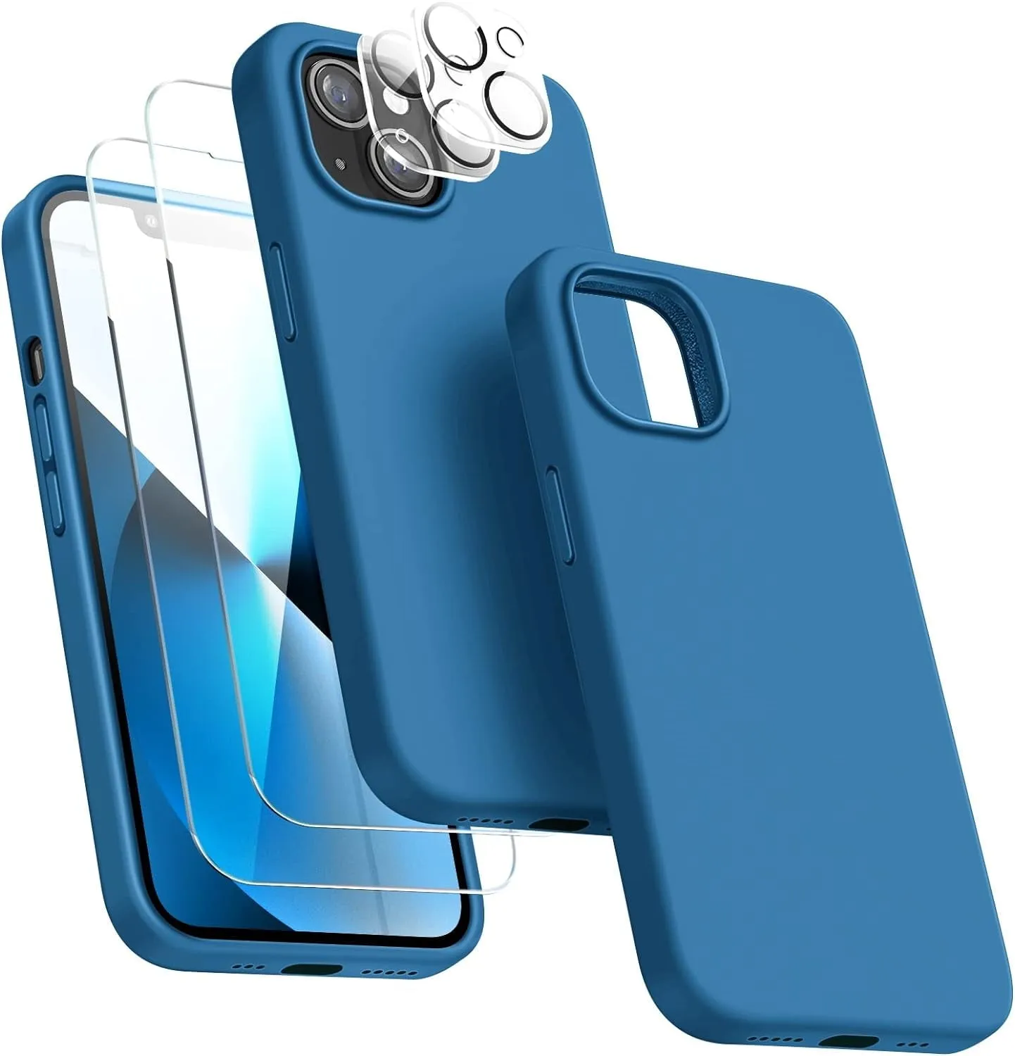 Entronix Case Silicone Case Designed for Apple iPhone 14 Liquid Silicone Case, 5 in 1 Bundle Case with 2 Clear Tempered Glass and 2 Camera Lens