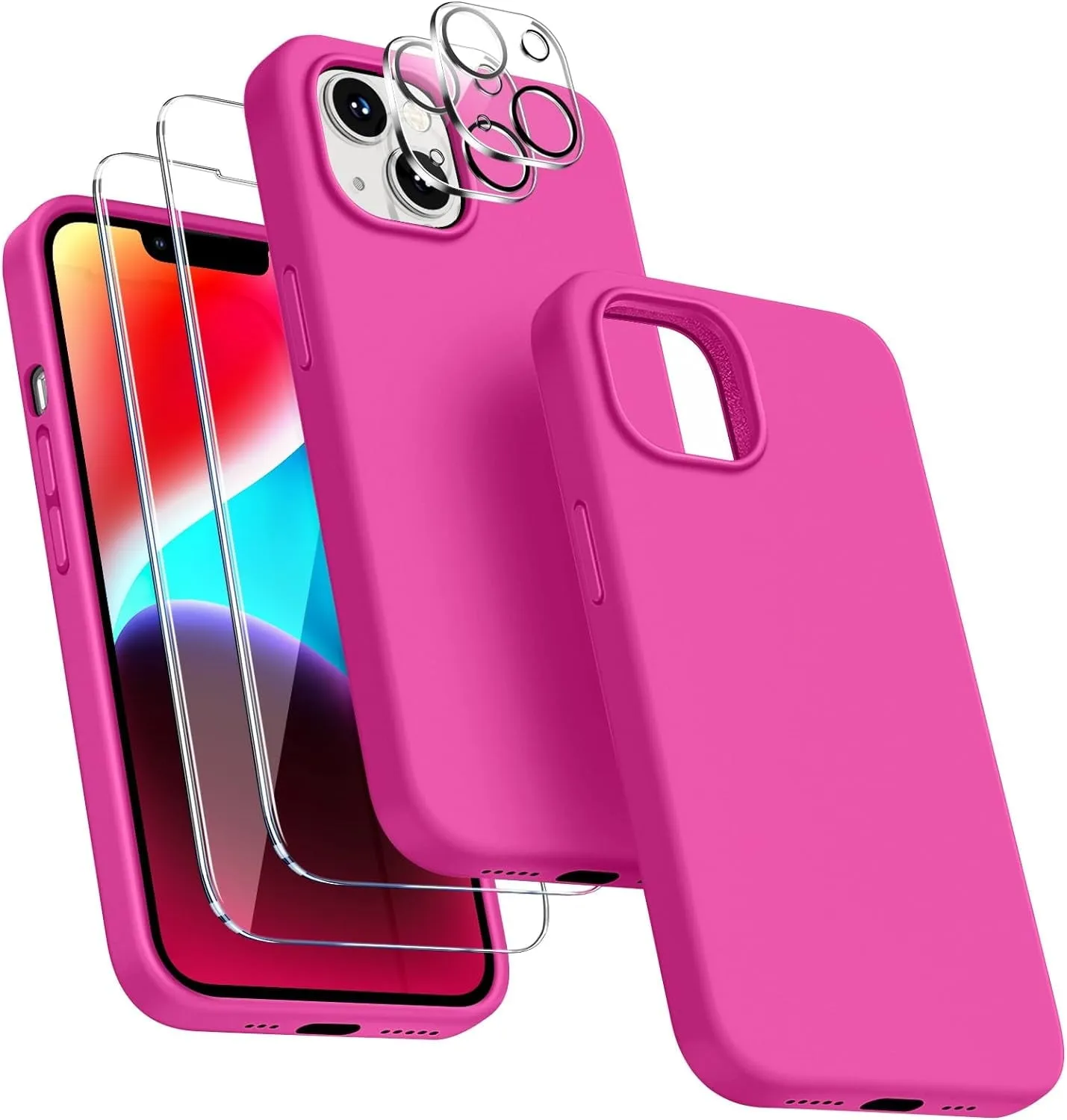 Entronix Case Silicone Case Designed for Apple iPhone 14 Liquid Silicone Case, 5 in 1 Bundle Case with 2 Clear Tempered Glass and 2 Camera Lens