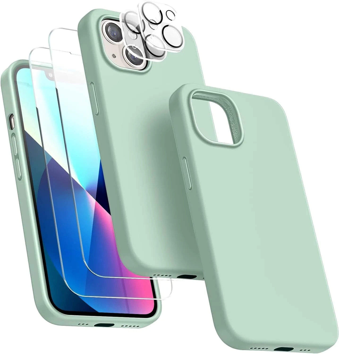 Entronix Case Silicone Case Designed for Apple iPhone 14 Liquid Silicone Case, 5 in 1 Bundle Case with 2 Clear Tempered Glass and 2 Camera Lens
