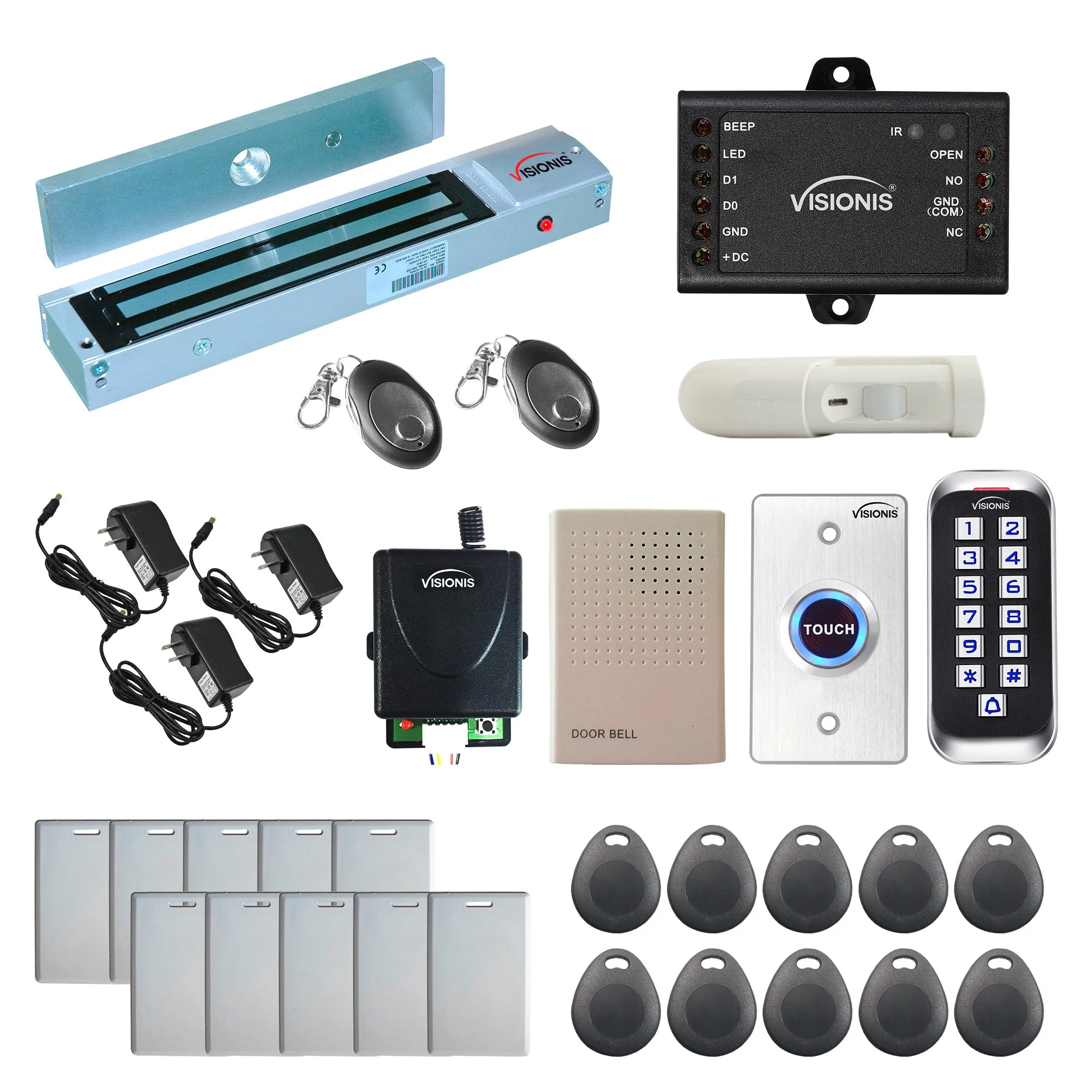 FPC-5654 One Door Access Control Out Swinging Door 600lbs Maglock   Outdoor Slim Metal Touch Keypad/Reader Standalone With Mini Controller   Wiegand 26, No Software, EM Card   Wireless Receiver   PIR