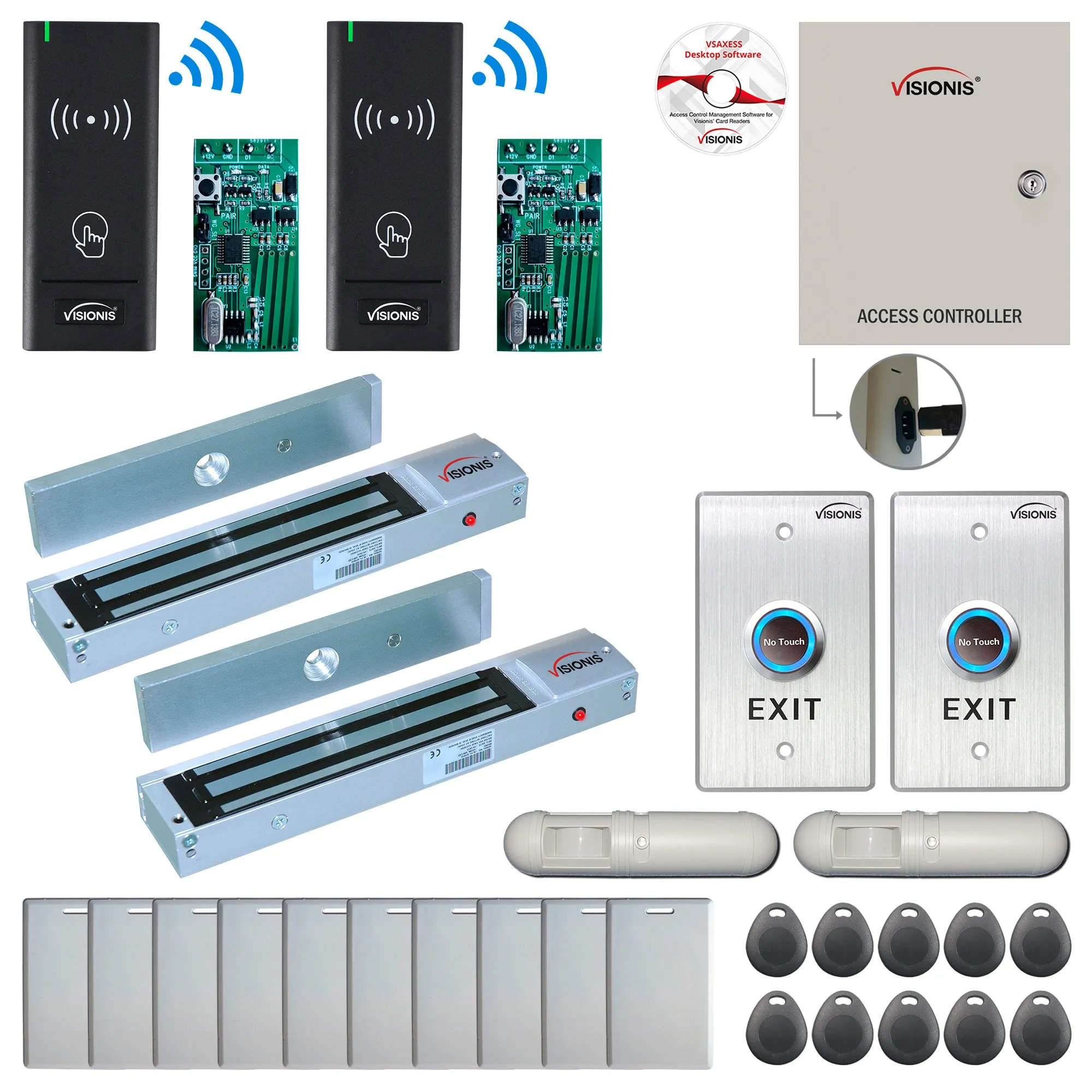 FPC-8980 2 Door Access Control Time Attendance TCP/IP RS485 Wiegand Controller Box   Out Swinging Door 600lb Maglock   Wireless Card Reader   Wireless Receiver PCB   PIR Motion Detector   Exit Button