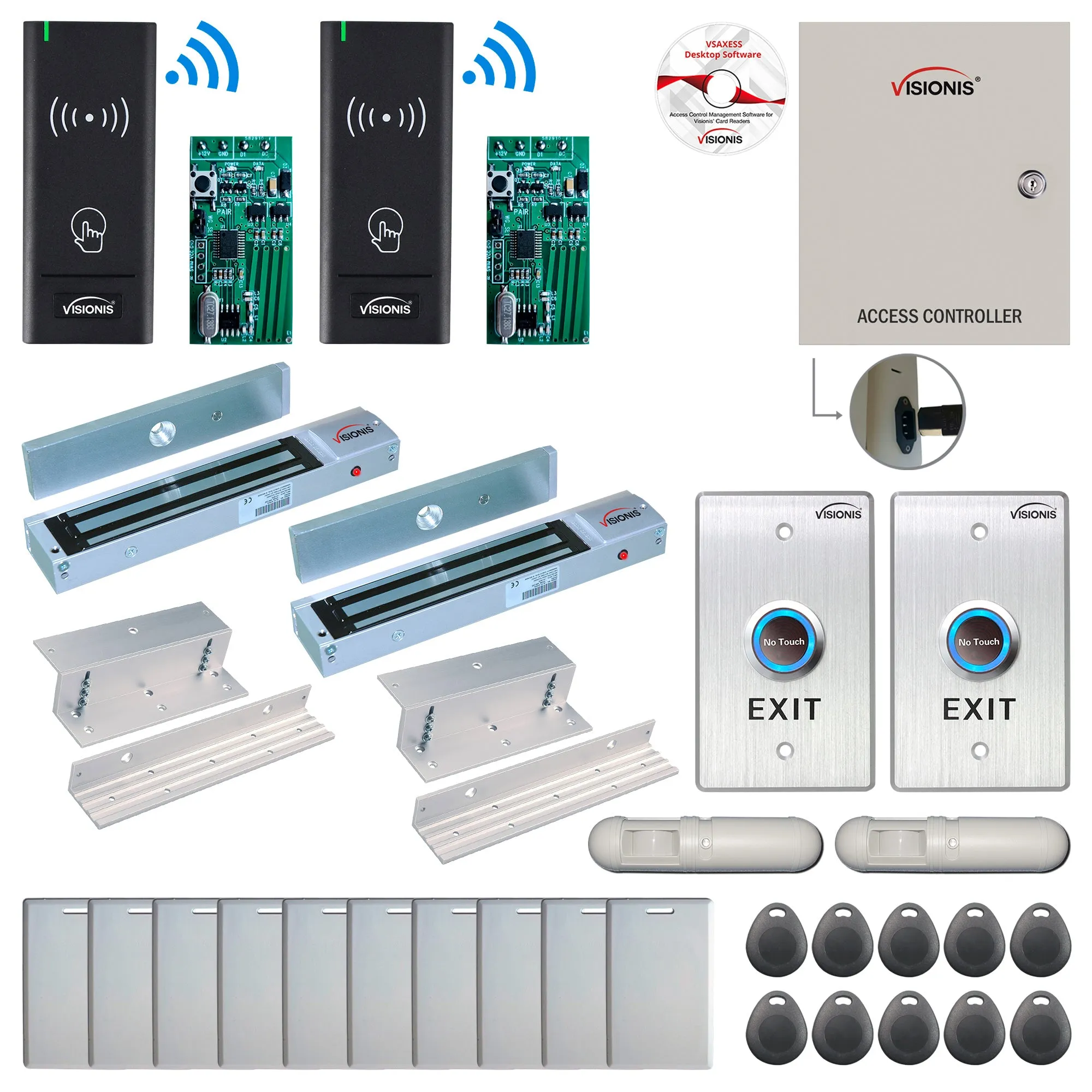 FPC-8983 2 Door Access Control Time Attendance TCP/IP RS485 Wiegand Controller Box   In Swinging Door 600lbs Maglock   Wireless Card Reader   Wireless Receiver PCB   PIR Motion Detector   Exit Button