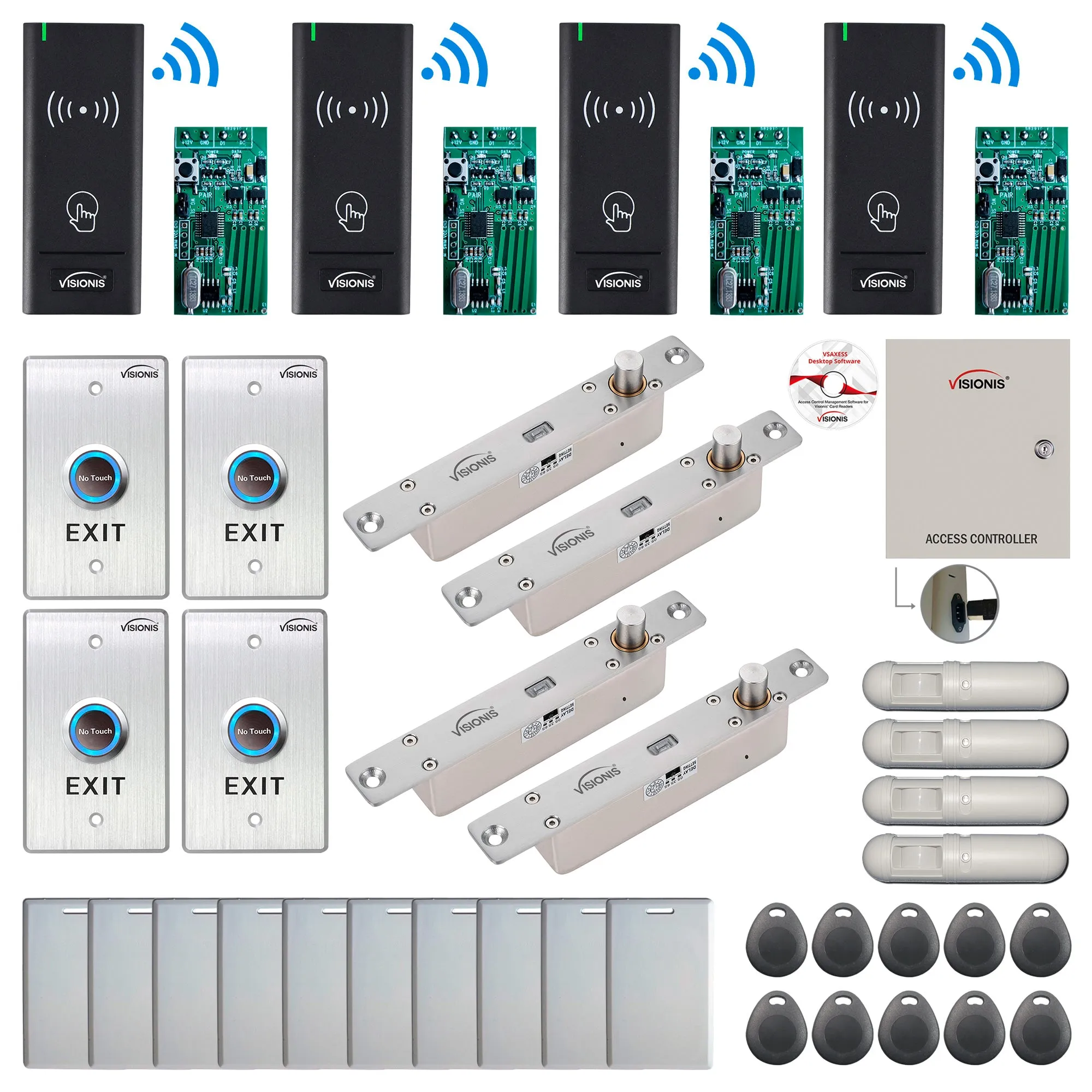 FPC-9011 Four Door Access Control Time Attendance TCP/IP RS485 Wiegand Controller Box   Electric Drop Bolt Fail Secure   Outdoor Wireless Card Reader   Wireless Receiver PCB   PIR Motion Detector