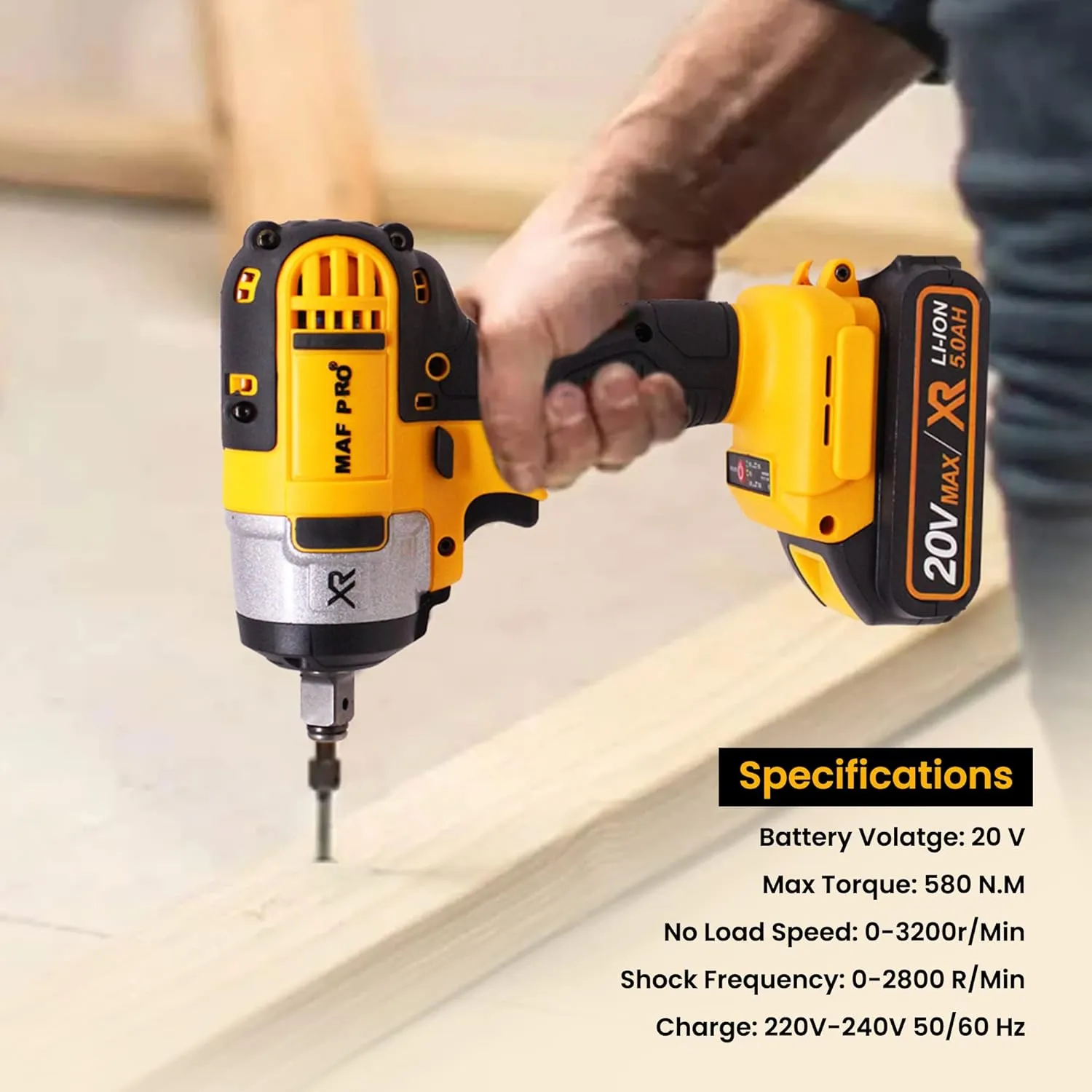 MAF PRO CIWL12012 20V Cordless Lithium-Ion Impact Driver/Wrench, Brushless Motor with 3Pcs Sockets, 2 Batteries, 1 Charger, 1 Canvas Bag (580Nm, 3200Rpm)