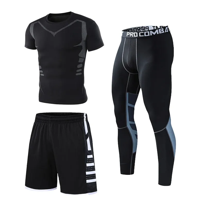 Mens Compression Sportswear Set Gym Running Sport Clothes Tight T-shirt Lycra Leggings Athletics Shorts Fitness Rash Guard Kits v2