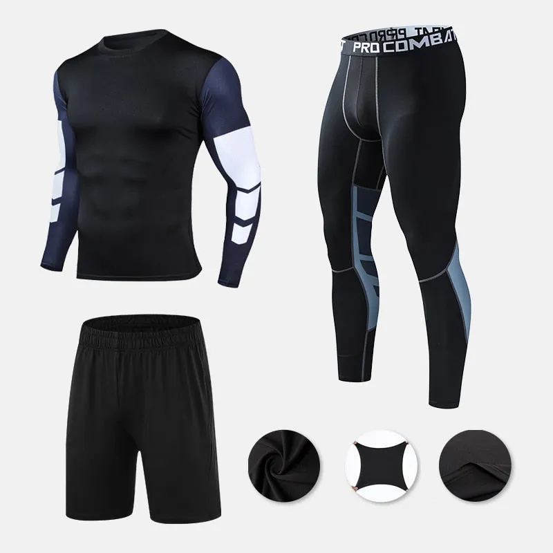 Mens Compression Sportswear Set Gym Running Sport Clothes Tight T-shirt Lycra Leggings Athletics Shorts Fitness Rash Guard Kits v2