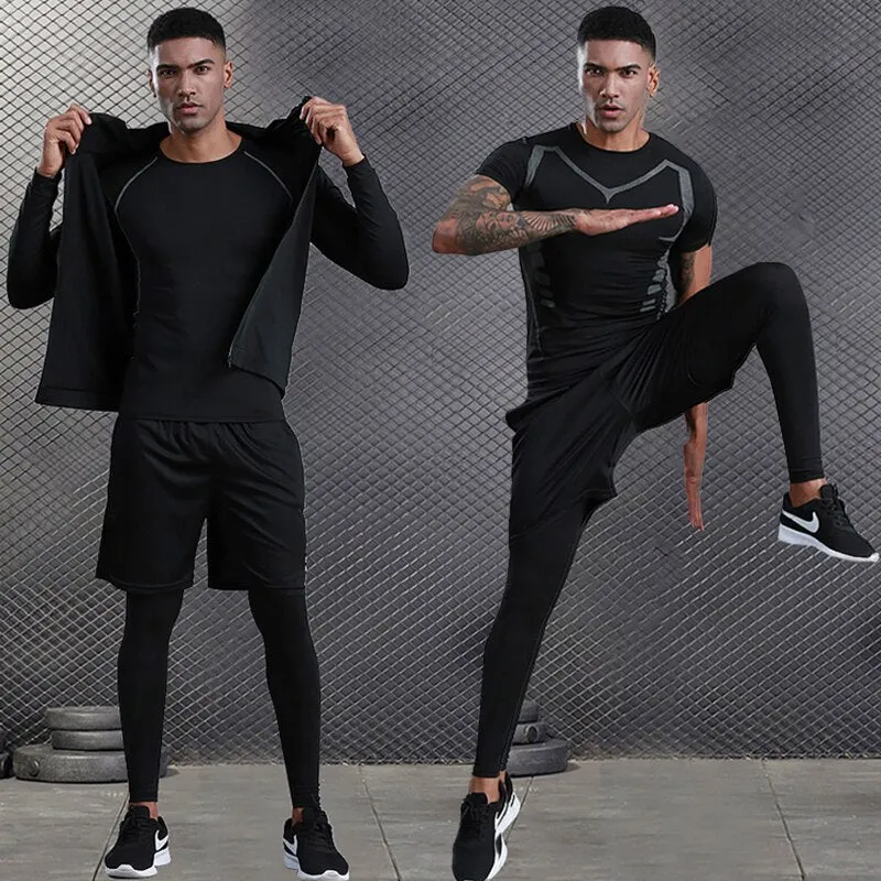 Mens Compression Sportswear Set Gym Running Sport Clothes Tight T-shirt Lycra Leggings Athletics Shorts Fitness Rash Guard Kits v2