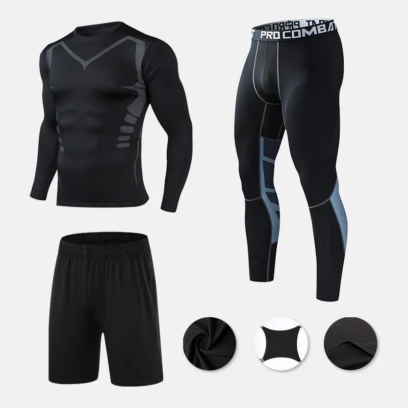 Mens Compression Sportswear Set Gym Running Sport Clothes Tight T-shirt Lycra Leggings Athletics Shorts Fitness Rash Guard Kits v2