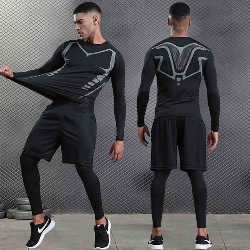 Mens Compression Sportswear Set Gym Running Sport Clothes Tight T-shirt Lycra Leggings Athletics Shorts Fitness Rash Guard Kits v2