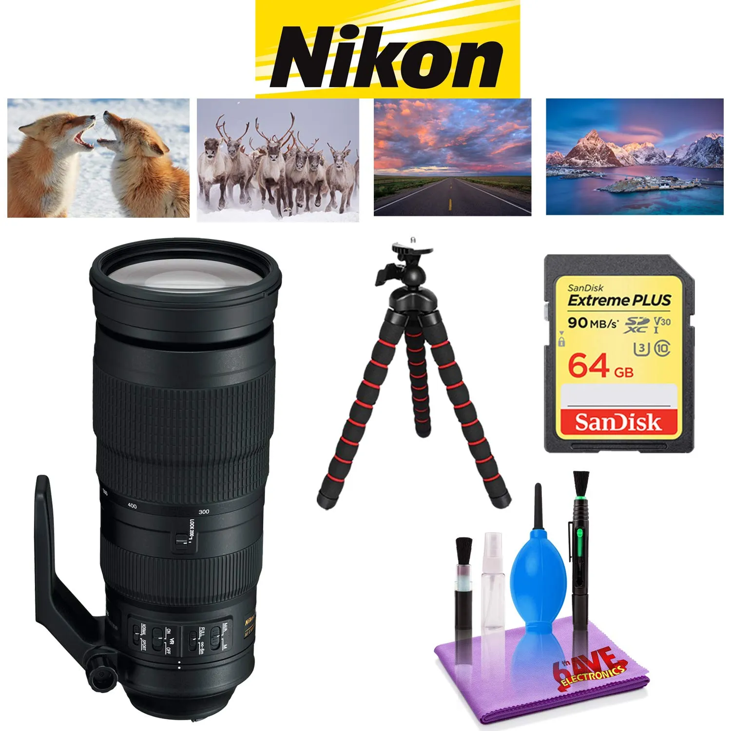Nikon AF-S NIKKOR 200-500mm f/5.6E ED VR Lens with Sandisk 64 GB Memory Card, Deluxe Backpack for Camera   Video and 12