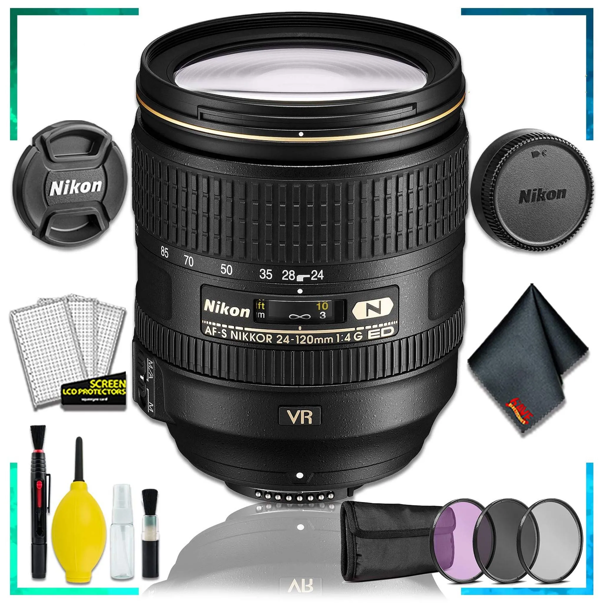Nikon AF-S NIKKOR 24-120mm f.4G ED VR Lens (Intl Model)   3pcs UV Lens Filter Kit   Cleaning Kit
