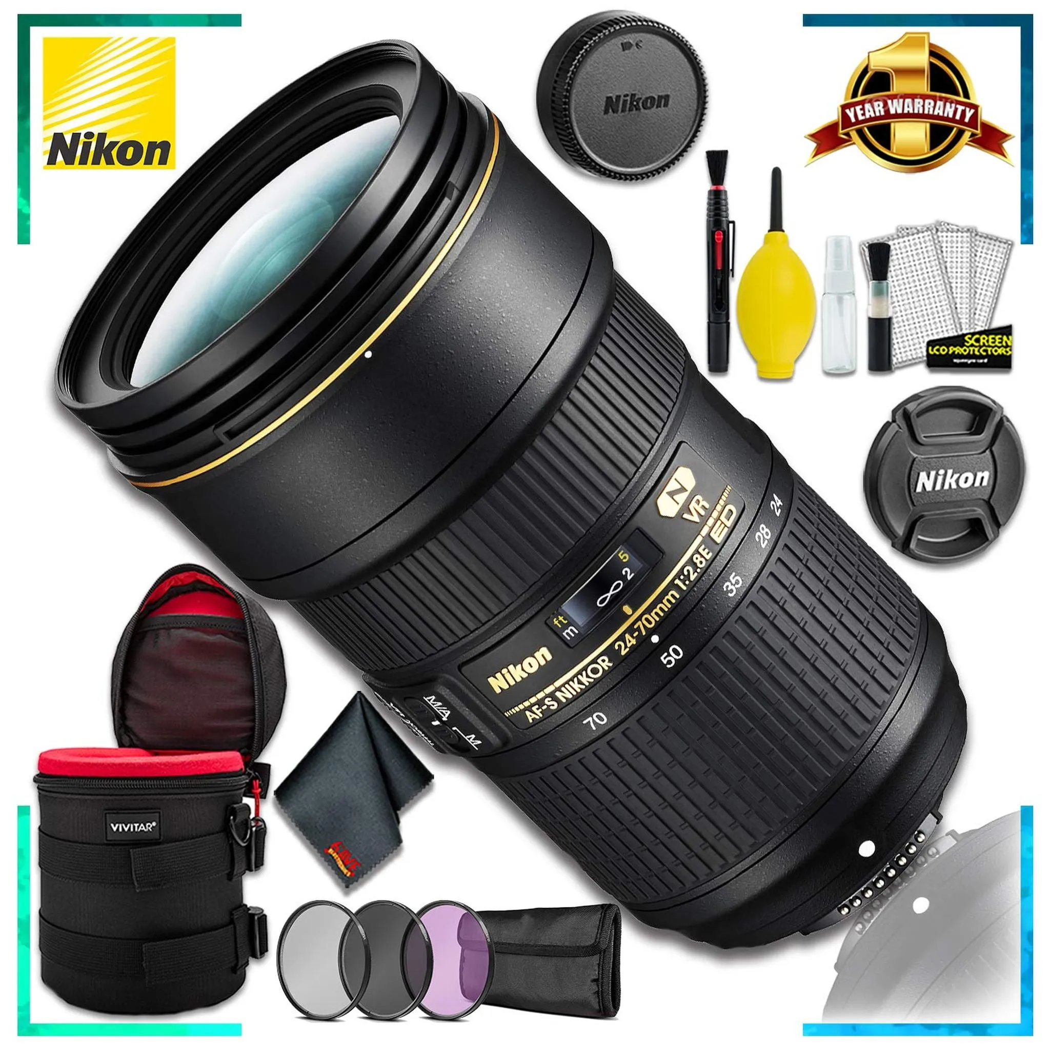 Nikon AF-S NIKKOR 24-70mm f/2.8E ED VR (Intl Model)   8 Inch Vivitar Premium Lens Case   3pcs UV Lens Filter Kit   Cleaning Kit